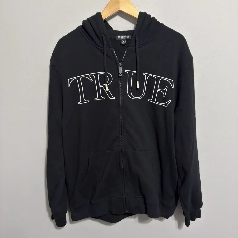 True Religion Hoodie Mens XL Black Full Zip Two Sided Spell Out Y2K Streetwear